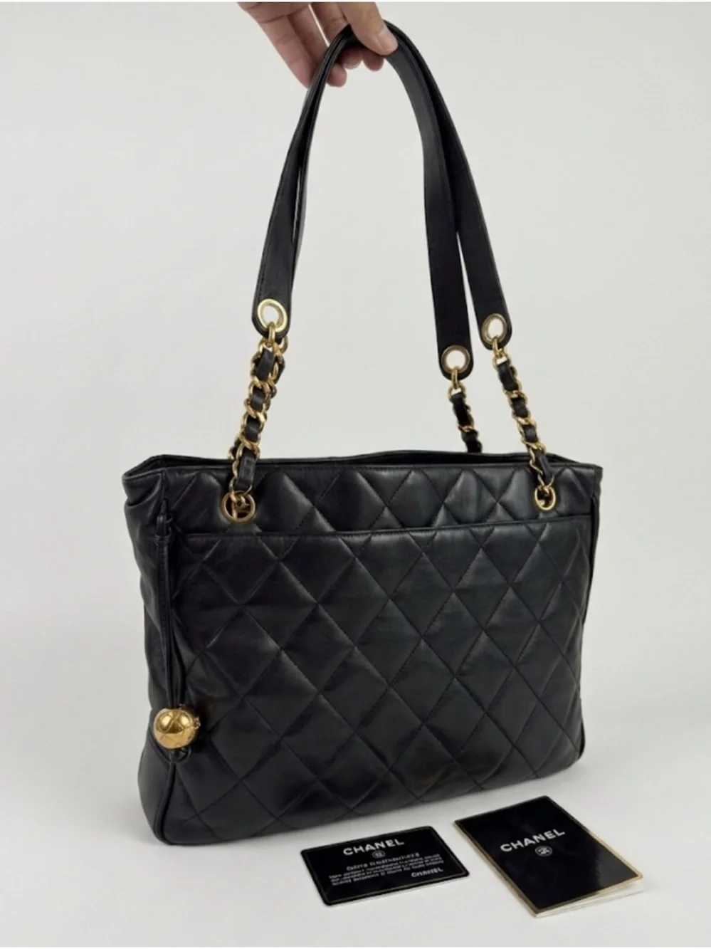 Chanel Vintage 24k Gold Plated Black Lambskin Quilted Tote Bag Gold Ball Charm